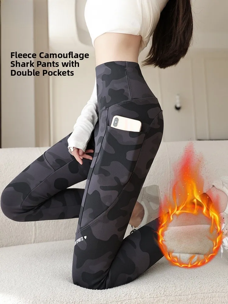 

Modal Camouflage arkskin Yoga Pants High Waist Fce Lined Thi Warm Stretchy Slim Fit ket Nine-Tenths Length Casual T...