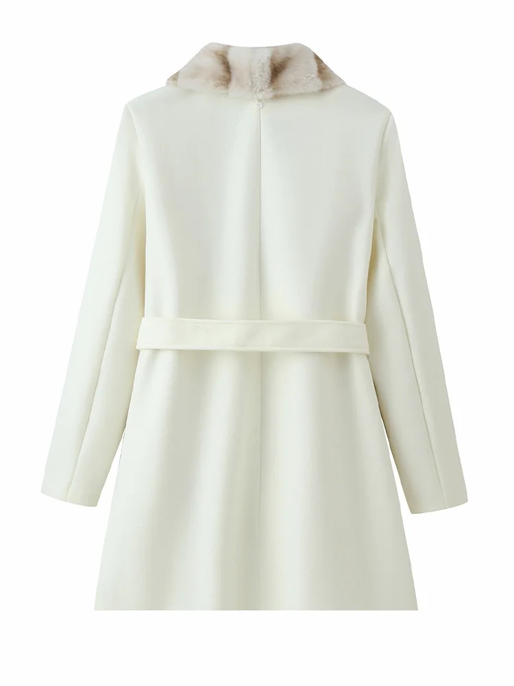 

HH Woman Fur Collar Belt Decoration Single Breasted Lapels Coat Female Autumn Elegant Long Sleeves Pockets Long Woolen Coat