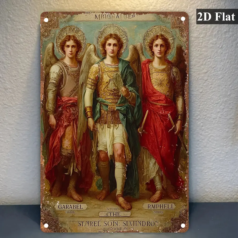 2D Flat - 1pc of Retro-Style Flat Sign - Made Of, Featuring Vintage Representations of Archangels Gabriel, Michael, And Raphael