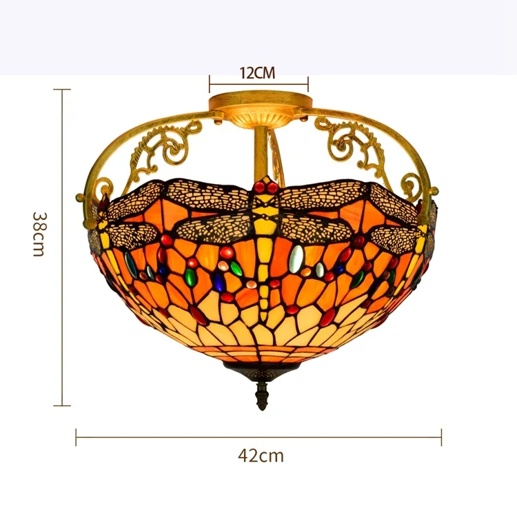 Retro Creative Dragonfly Round Iron Ceiling Lamp for Indoor Home Lighting Tiffany Stained Glass Balcony Semi Ceiling Lamp