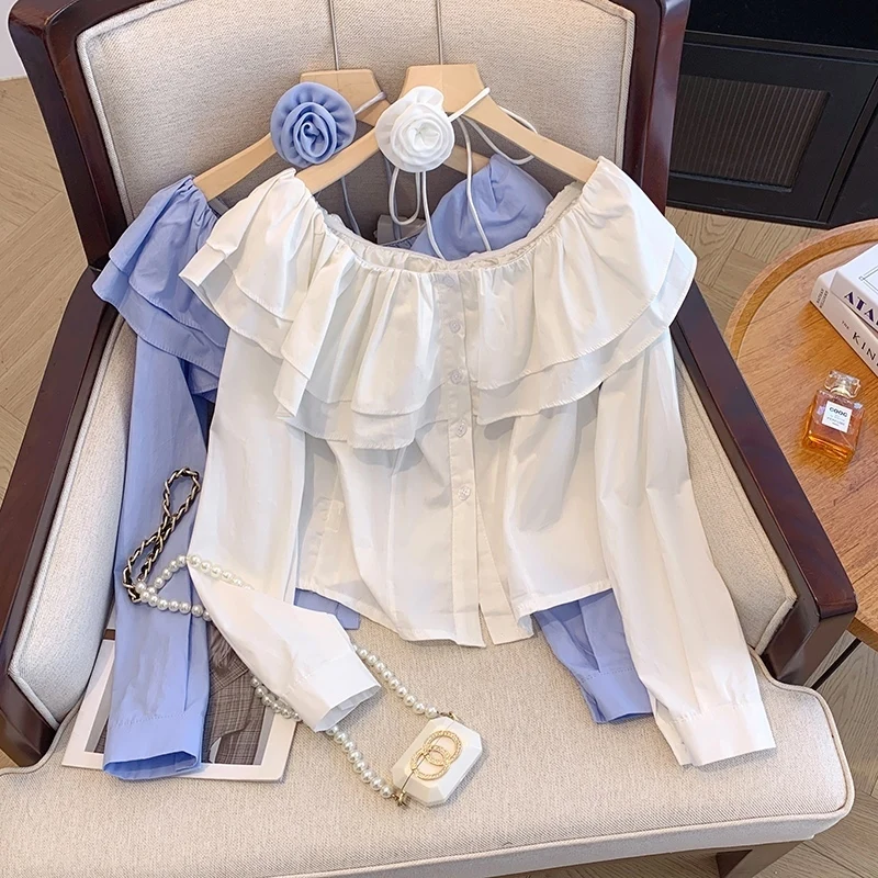 [Vibe] Nova bandagem feminina flor design enrugado borda chiffon camisa 2025 primavera moda mangas compridas blusa feminina