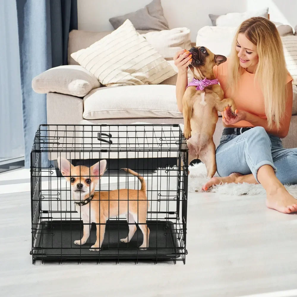 

Dog Crate, 30 Inch Medium Single Door Dog Cage With Divider Panel And Plastic LeakProof Pan Tray, Folding Metal Wire Pet Kennel