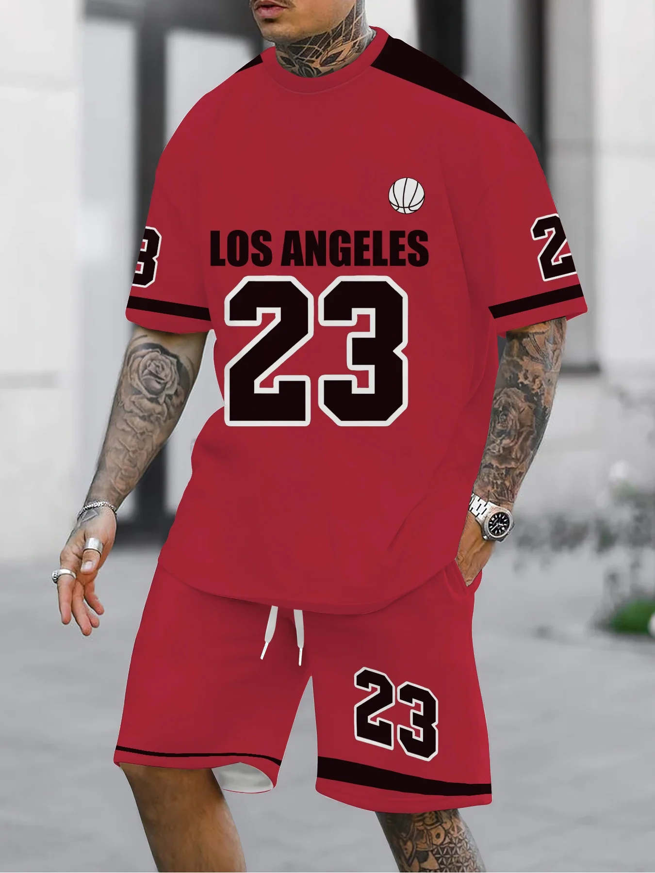 

Hot selling men's short sleeved top 3D printed with No.23 pattern breathable top street trendy T-shirt set