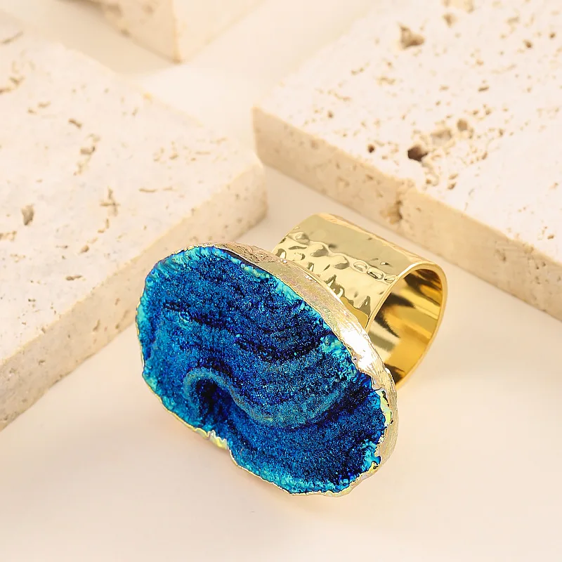 Fashionable Klein Blue Stone Resin Adjustable Open Ring Gemstone Light Luxury Niche High-end Feeling Hand Accessories