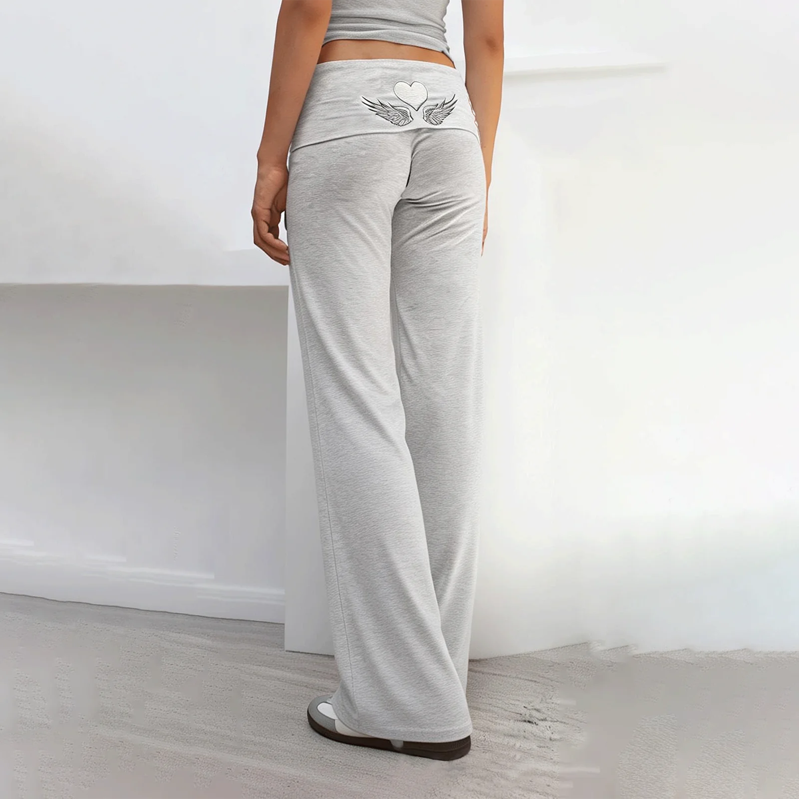 2026 Spring Women’s Wide Leg Yoga Pants Sexy Ladies Angel Wing Heart Embroidery Foldover Waist Lounge Trousers