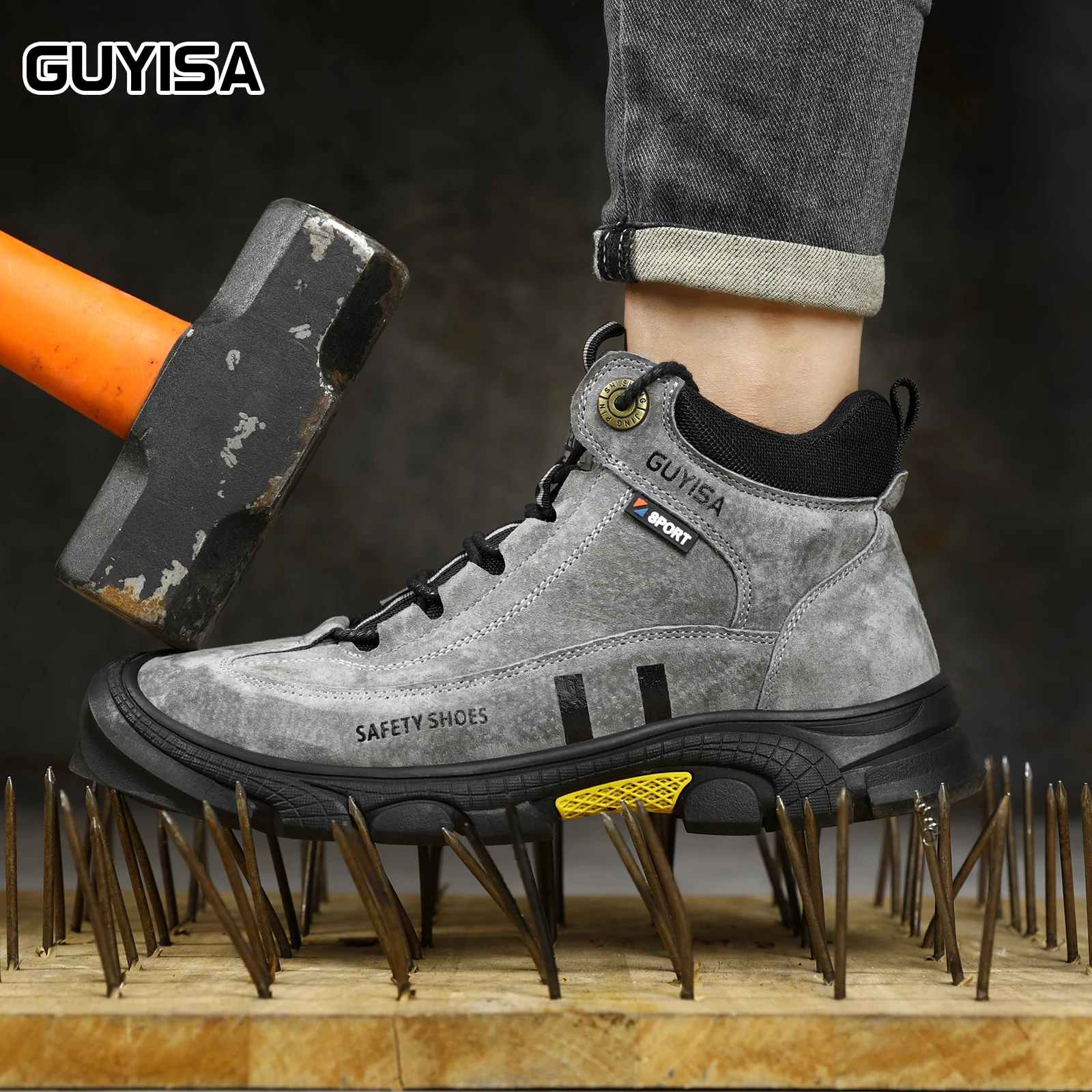 GUYISA Scarpe da lavoro da uomo, punta d\'acciaio anti smashing e anti piercing, scarpe di sicurezza professionali alte alla moda