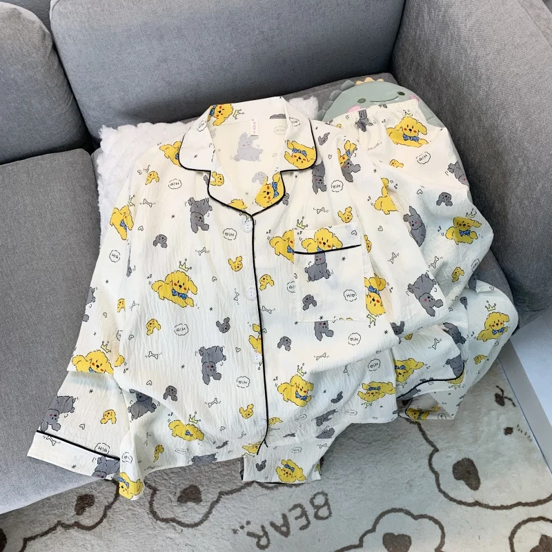 

Женский пижамный комплект с мультяшным забавным милым принтом собаки, топ с длинными рукавами и брюки с эластичной резинкой на талии, пижамный комплект 2025 года, новая домашняя одежда