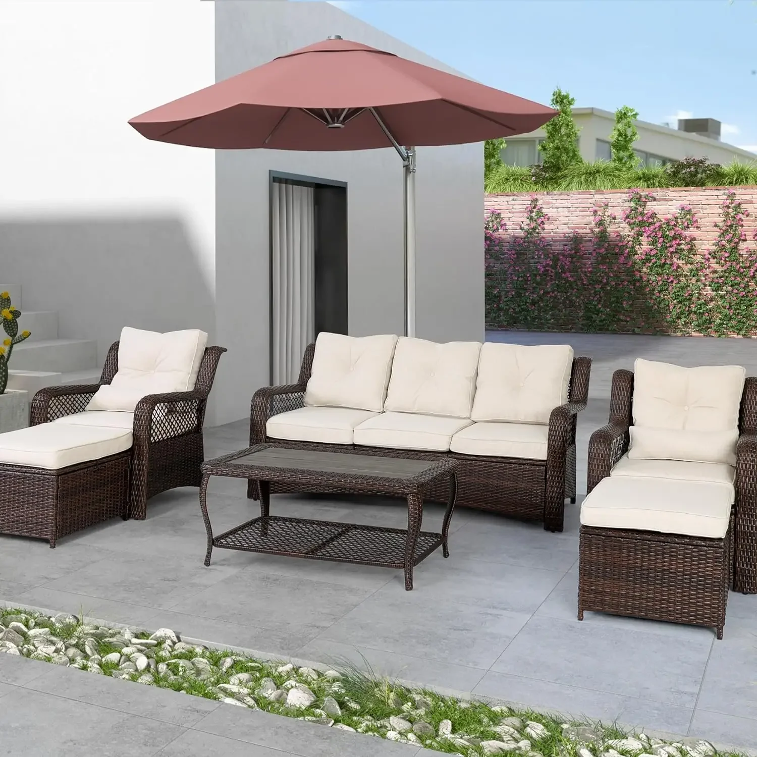 6 Pieces Patio Furniture Set, Wicker Outdoor Patio Conversation Sets, Sectional Rattan Sofa Chairs with Coffee Table, High Back