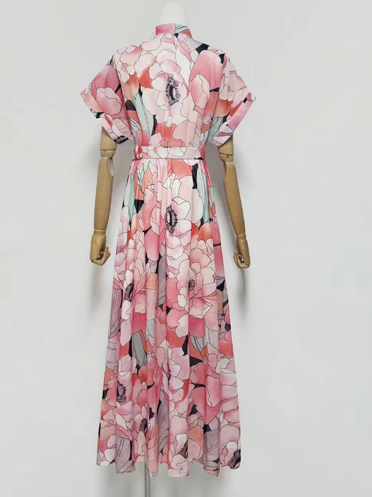 2025年夏新作 レディース ファッション 海辺リゾート風 プリントロングスカート 上品な蝶結びベルト付き ウエストマークAラインロングドレス