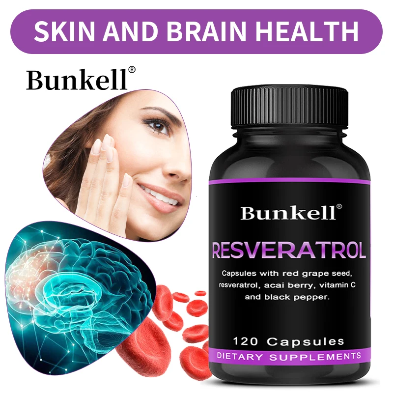 Resveratrol Capsules with Red Grape Seed, Acai Berry, and Vitamin C To Support Heart Health, Brain Function, and Immune Health