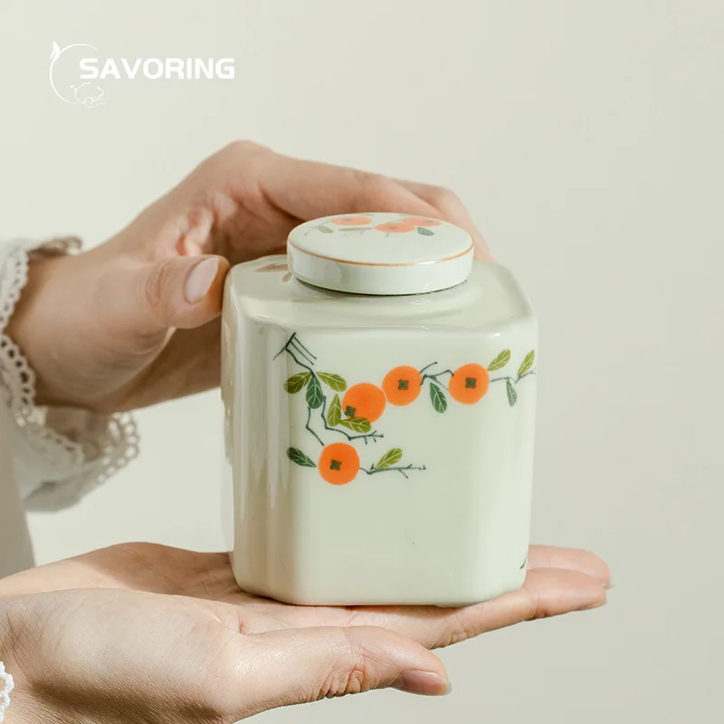 

Чистая ручная роспись, органайзер для чая с хурмой, банка с пуэром, жестяные контейнеры, фарфоровые принадлежности, керамическая коробка для хранения пуэра, чайная посуда Caddy