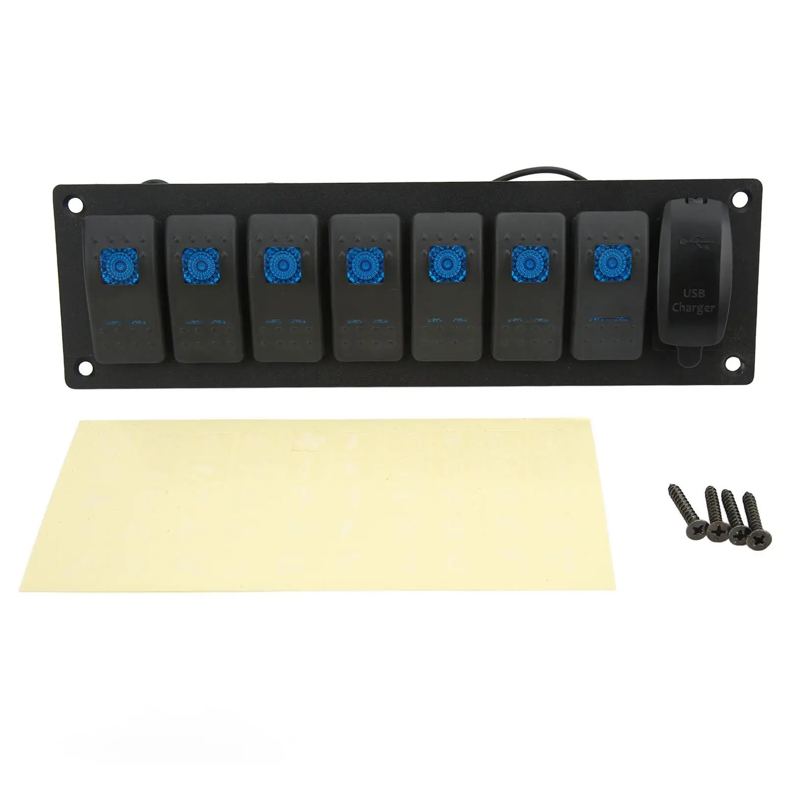 7 Gang Waterproof Rocker Switch Panel IP66 for Marine | 12-24V Toggle with Dual USB & Blue Backlight