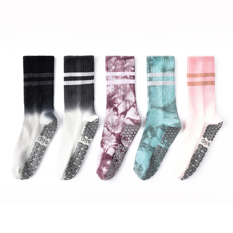 Yoga Socks Autumn Winter Women Tie-dye Gradient Stripe Pile Cotton Silicone Non-slip High Quality Pilates Grip Crew Socks