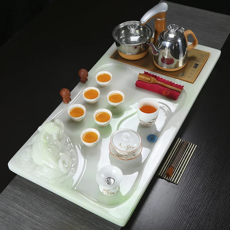 Kung Fu tea set, household porcelain simple light luxury tray, jade tray, the whole set of making table is fully aut