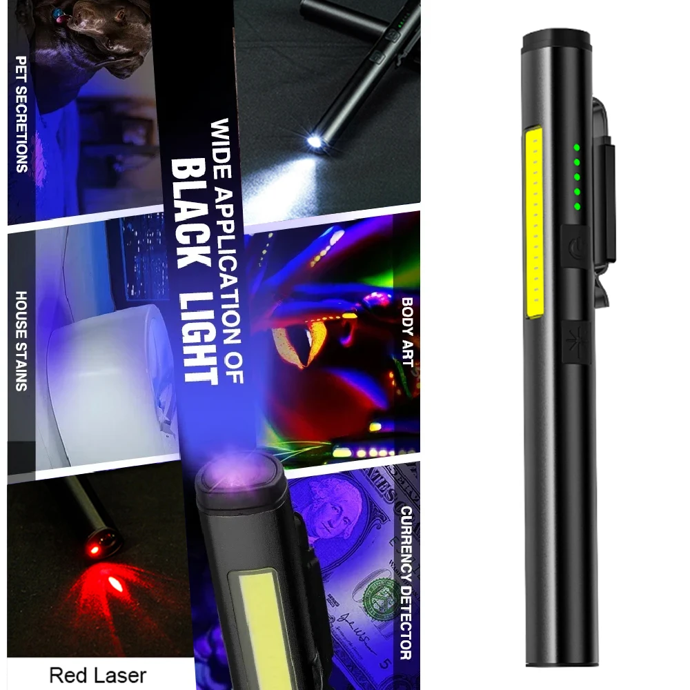 395nm UV Flashlight USB Rechargeable Portable Pen Clip Flashlight 800mah Floodlight COB Work Lamp for Repair Emergency Camping