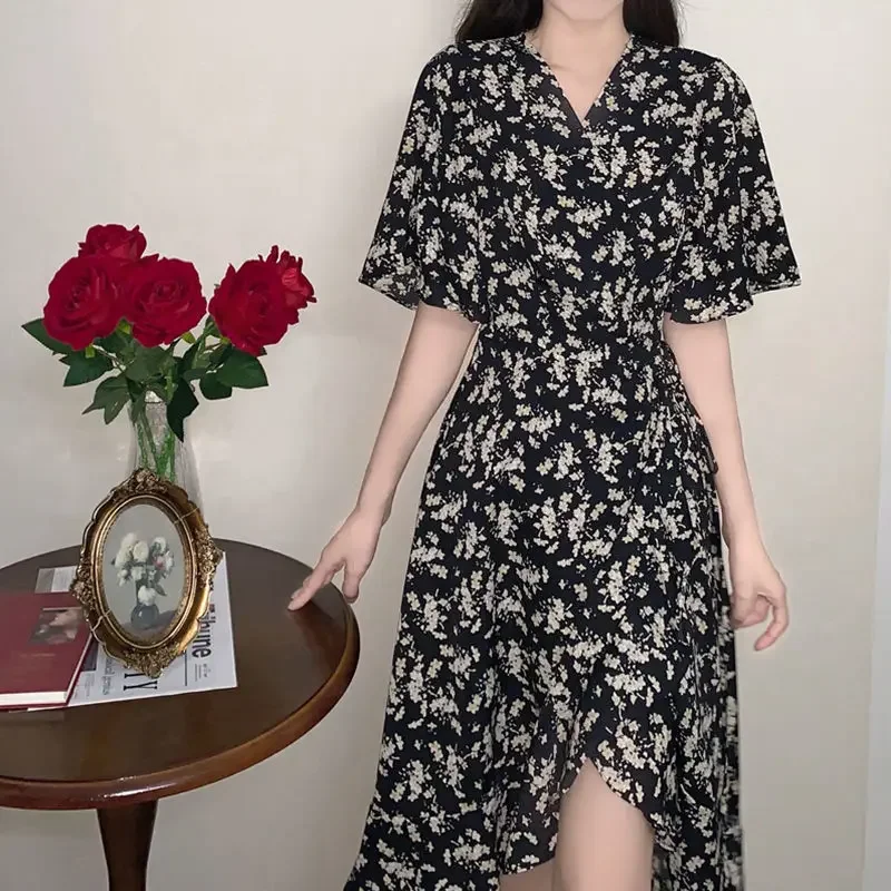 Short Sleeve Dress Women Floral BF Midi Elegant Boho Party Summer V-neck Korean Style Vestidos Feminino Empire Sweet Mature Ins