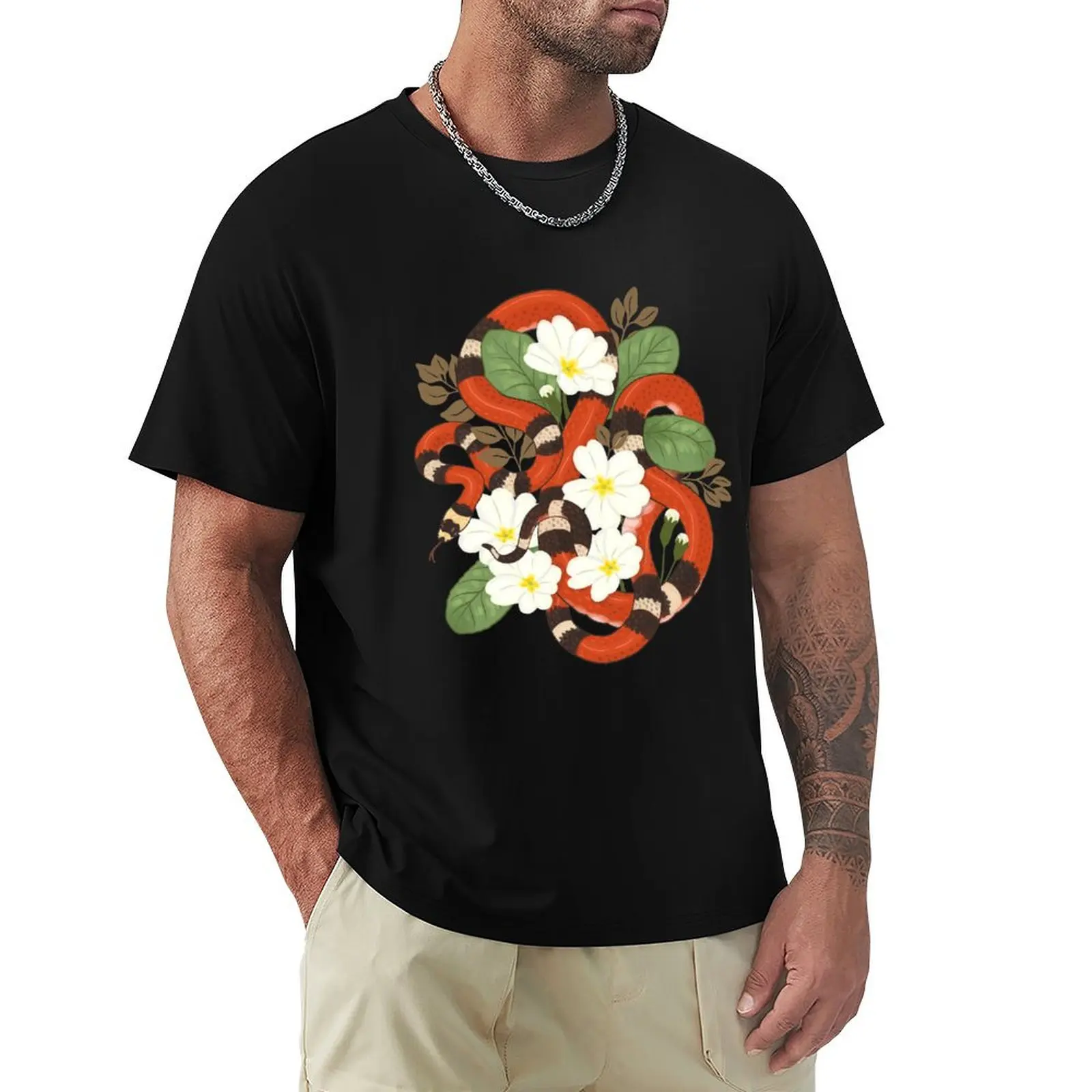 Honduran Milk Snake and Primroses T-Shirt Large Size Casual Short Sleeve Top