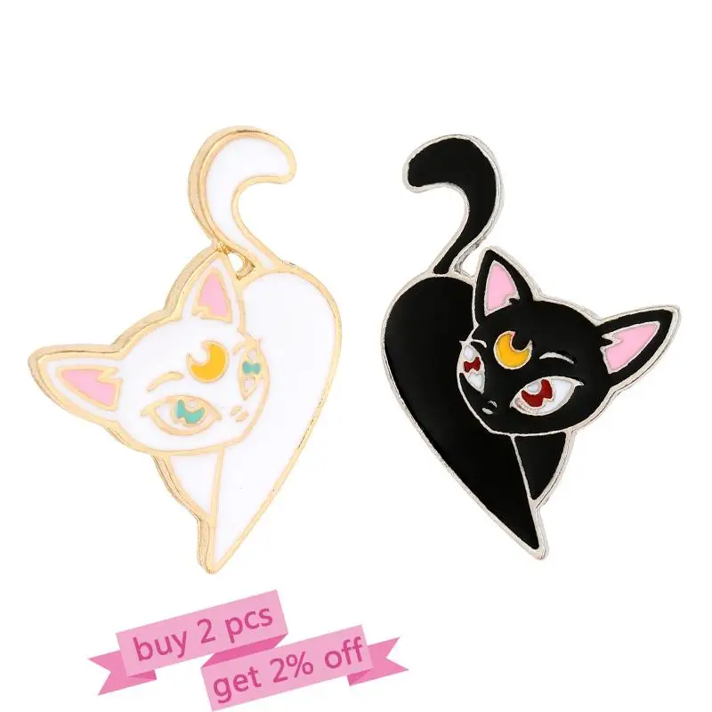 Luna Cat Enamel Pin Moon Girl Kitten Brooches Bag Lapel Pin Black White Animal Badge Jewelry Gift for Kids Fans Friends