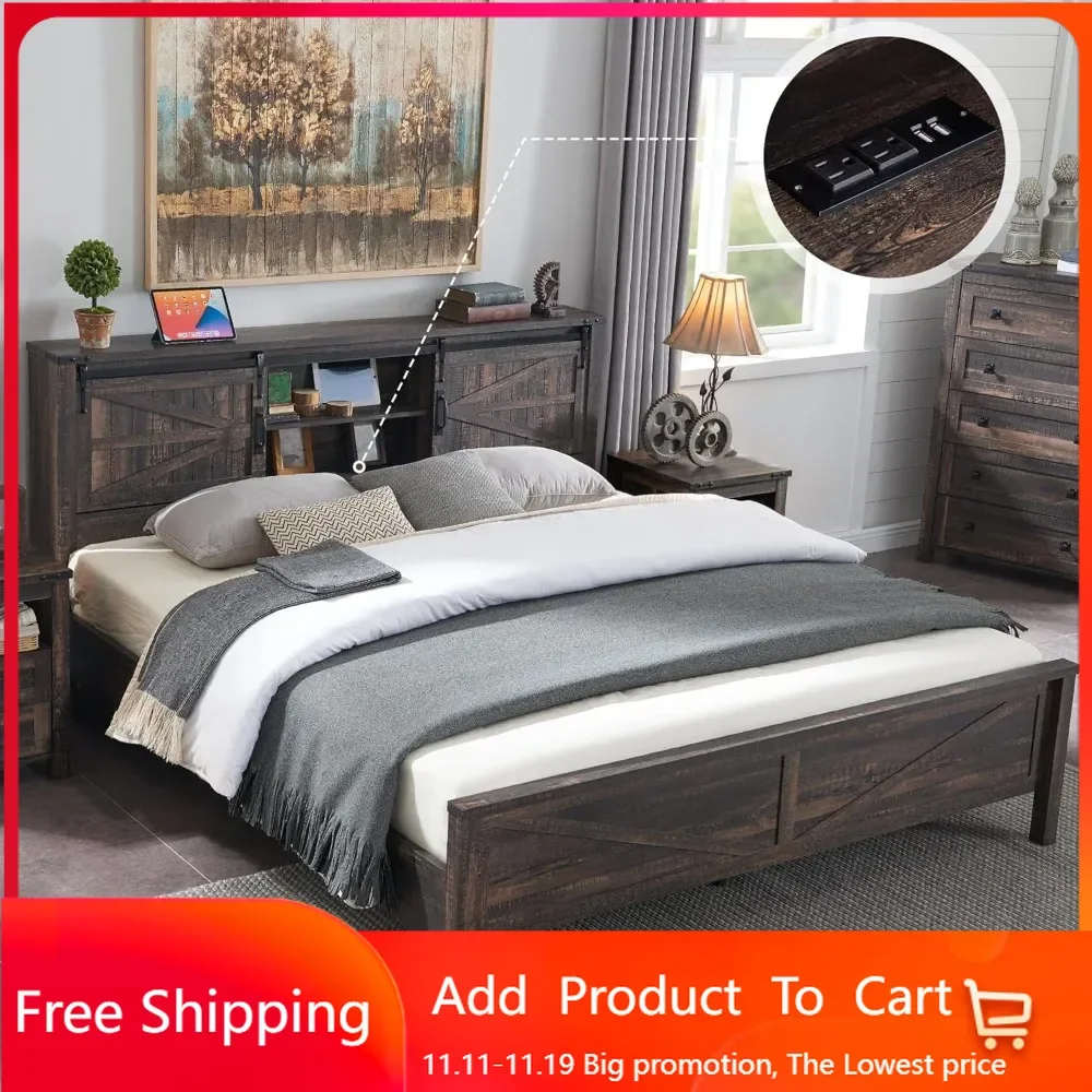 

Farmhouse King Size Bed Frame w/Storage Bookcase Headboard, Sliding Barn Door, Charging Station, Rustic Wood Platform