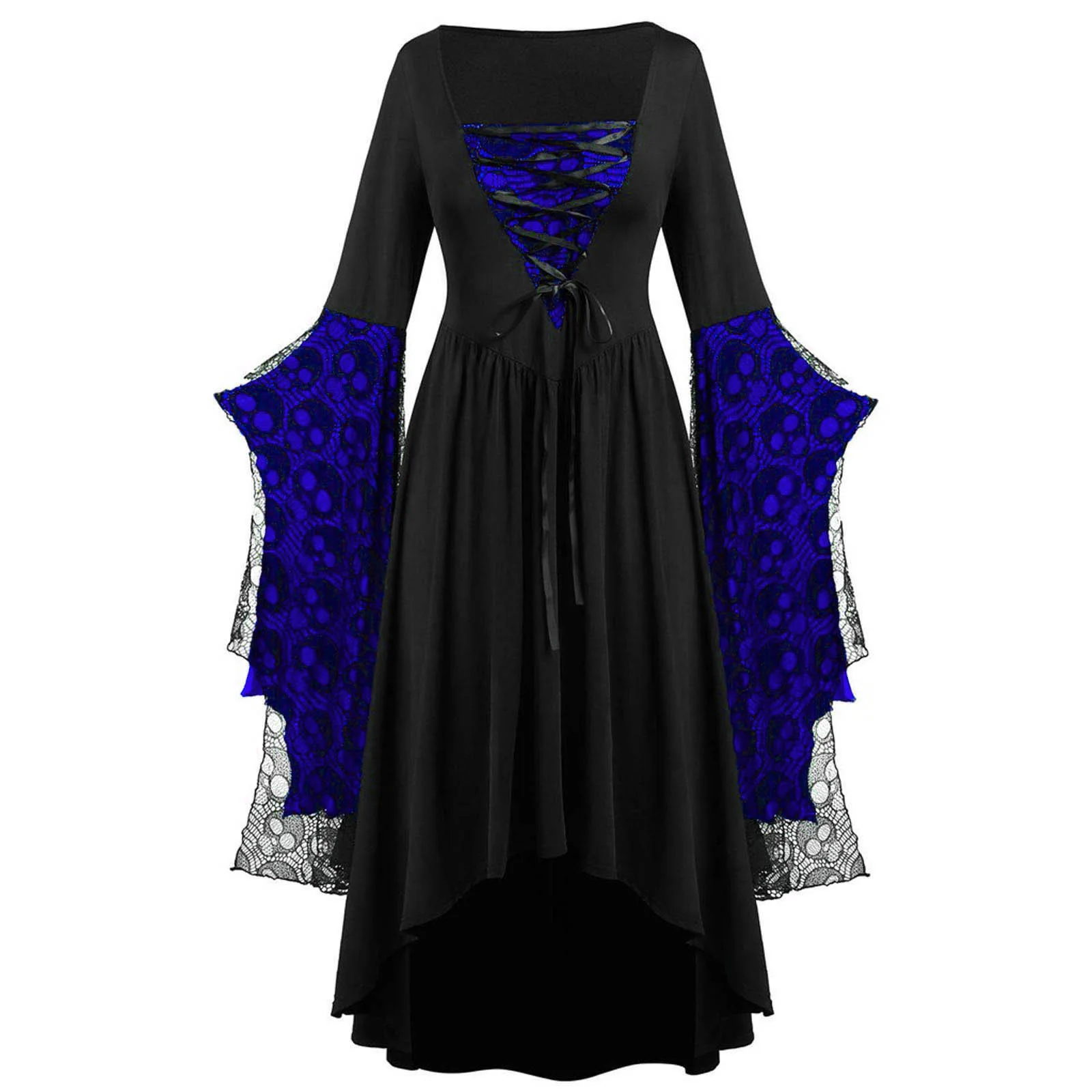 Plus Size 1XL-5XL Women Fashion Skull Lace Strap Dress Popular Party Dress Halloween Temperament Retro Halloween Long Dress