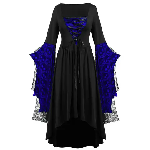 Plus Size 1XL-5XL Women Fashion Skull Lace Strap Dress Popular Party Dress Halloween Temperament Retro Halloween Long Dress