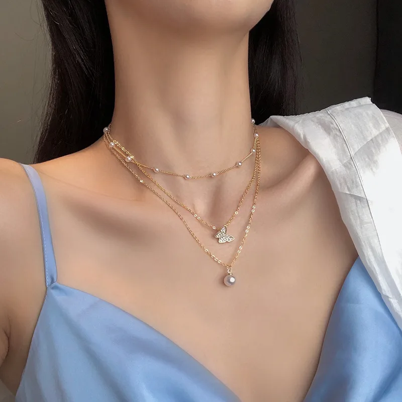 Kpop Trendy Cute Multi-layered Butterfly Pearl Pendant Necklace for Women Charm Gold Color Metal Choker Chain Jewelry Party Gift