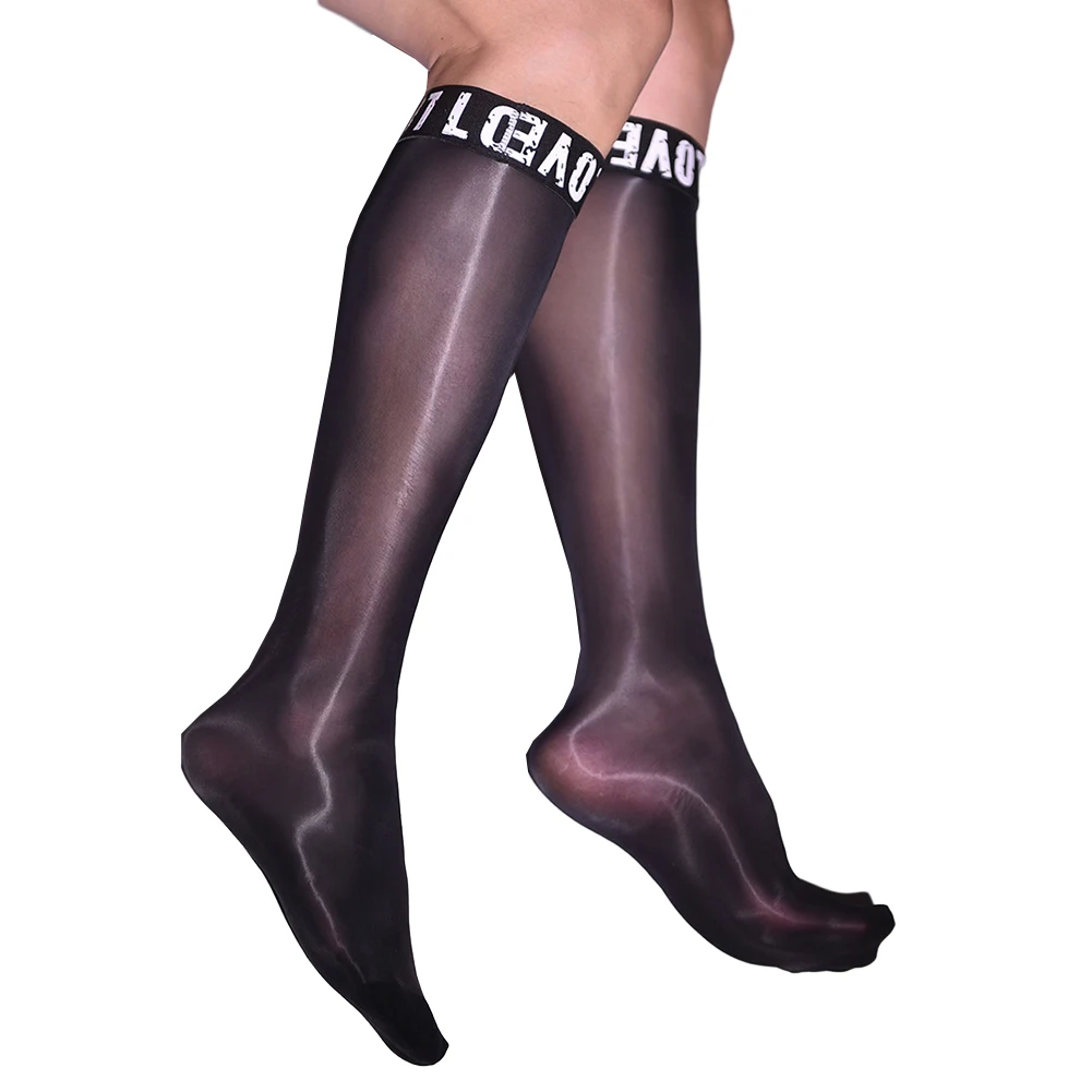 メンズ光沢のあるオイル滑らかな光沢のある手紙伸縮性シースルー腿の高ストッキングストッキングストッキング通気性シルク男性靴下