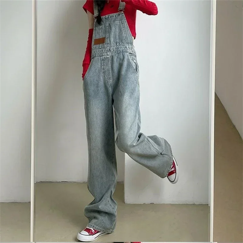 Women's Retro Light Blue Denim Overalls Fashion Wide Leg Suspender Jumpsuits Pants FemaleStreetwear Rompers Straight Trouser