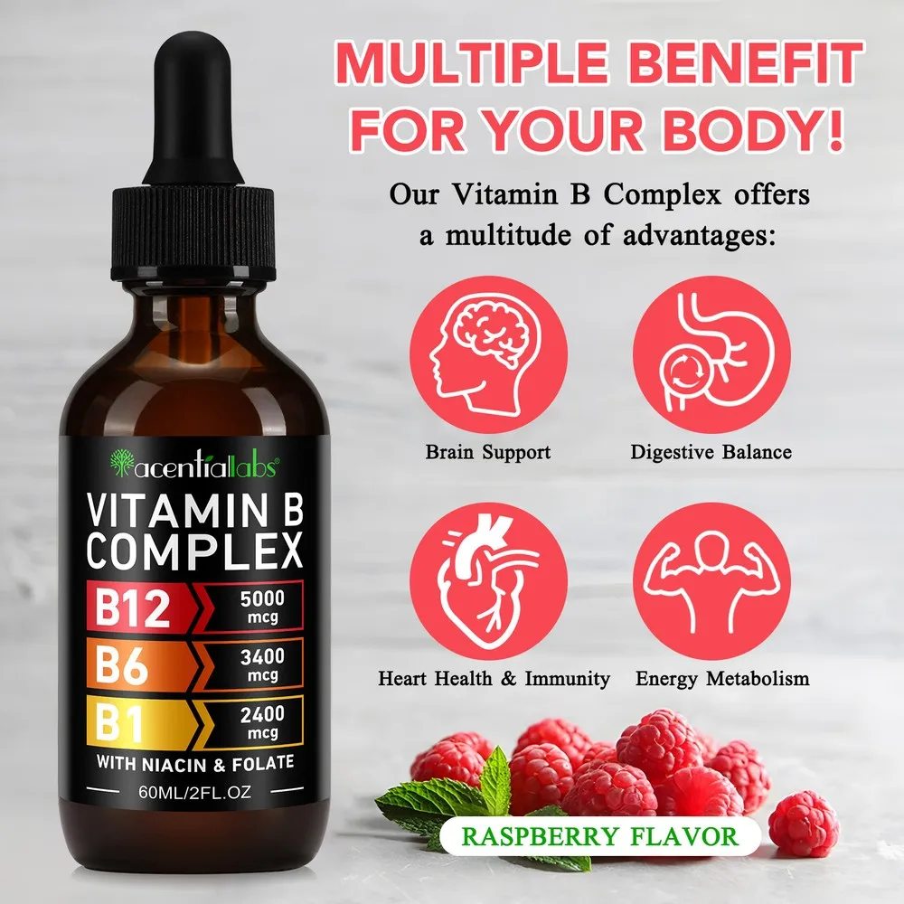 Vitamin B Complex Liquid with Niacin and Folate B12 5000 Mcg B6 3400 Mcg B1 2400 Mcg Raspberry for Men Women Daily Support 60ml