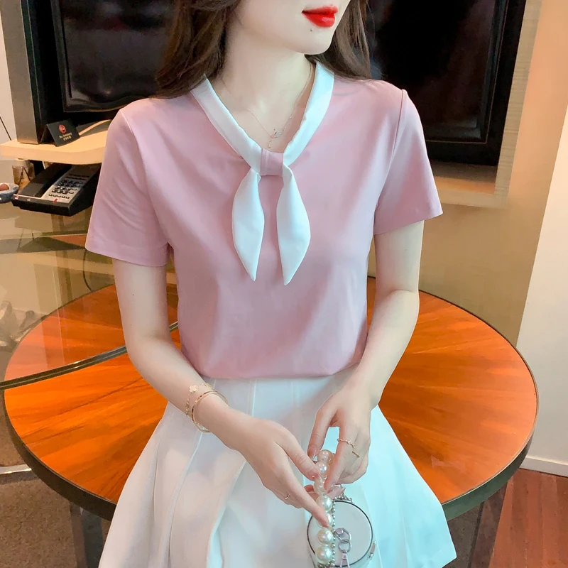 2025 Summer Cotton Blouse Straight Womens Tops Bow Tie Elegant Solid Womens Clothing Sweet Fashion Short Sleeve Blouses T-shirts