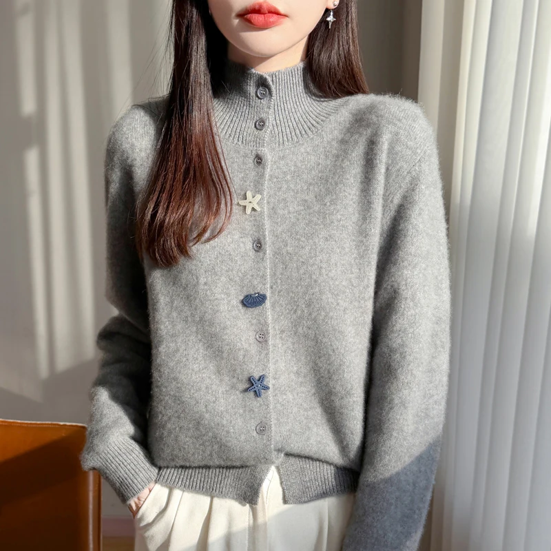 

New Chic 2026 Spring Autumn Preppy Style Cardigan 100% Merino Wool Women's Cute Sweater Knitwear Soft Fashion Casual Tops