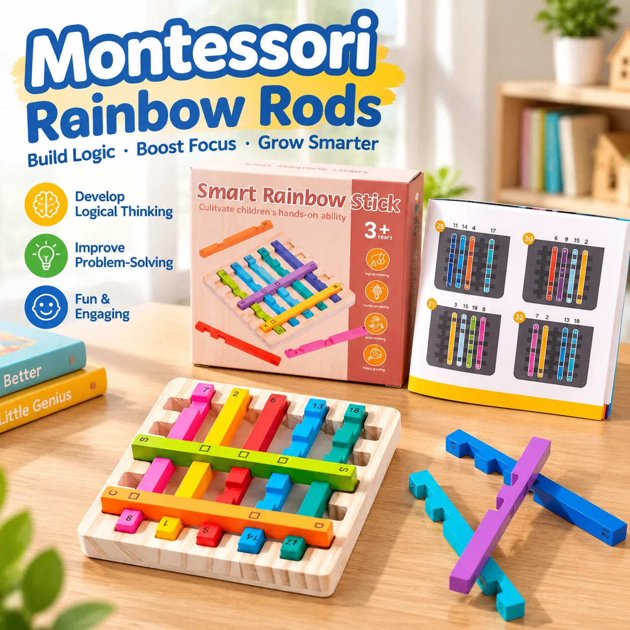 Montessori Wooden Rainbow Rods Educational Toy, Kids Logical Training Brain Teaser Game, Desktop Interactive Puzzle