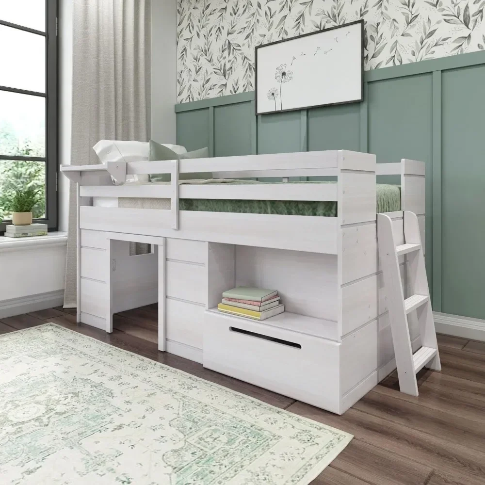 

Children's Bed Frame, Solid Wood Low Loft with Storage Drawer and Ladder, Children's Bed Frame