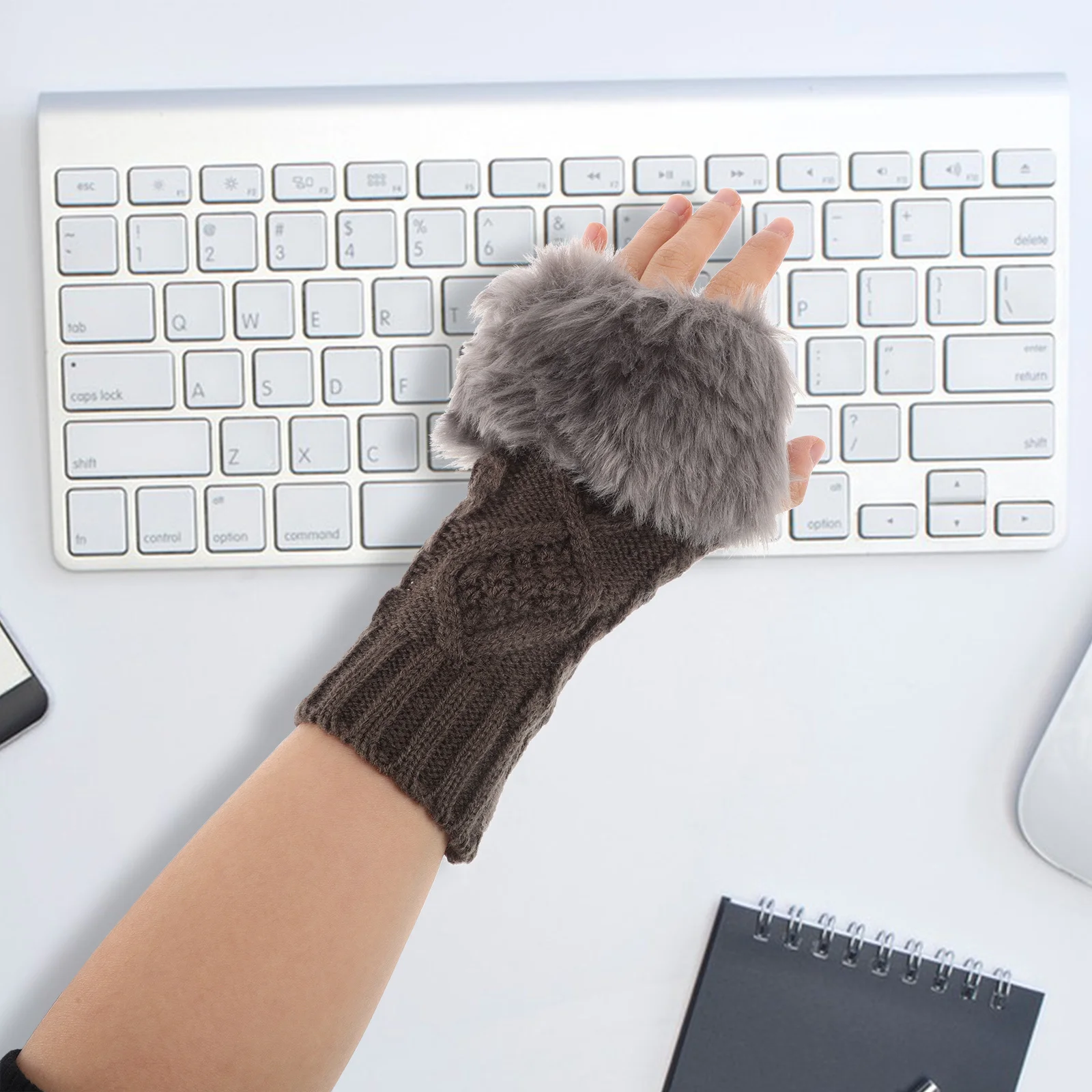 1 زوج الشتاء المرأة محبوك المعصم الأصفاد انفصال الدافئة قصيرة الأكمام اليد مدفئات للذراع سترة معطف فو متماسكة تدفئة المعصم #2