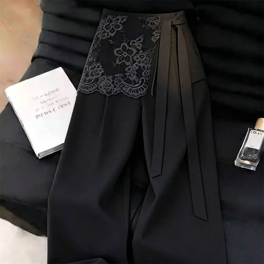 Korean Fashion Black Gray Office Lace Skirts Pants Women Summer Casual Slim Elegant Loose Elastic Waist Long Blazer Trousers