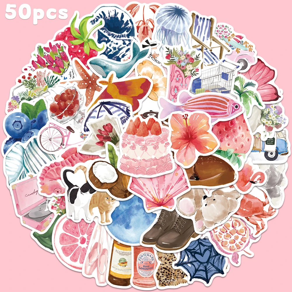 50 pçs aquarela diário adesivo graffiti decalque para telefone bagagem scrapbook portátil capacete de bicicleta diy decoração adesivo presente brinquedo