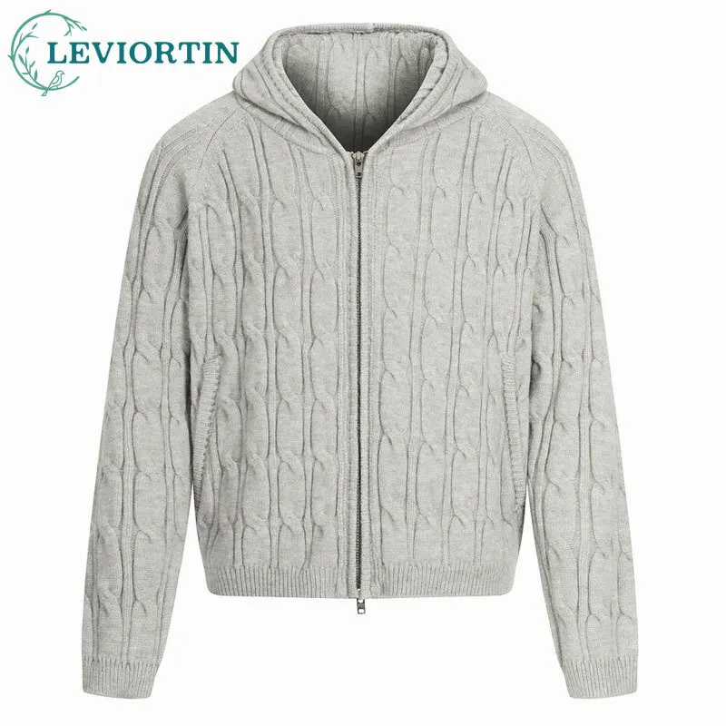 

Men's street fashion style autum/winter slim casual solid color twisted Fried Dough Twists double head zipper hooded sweater