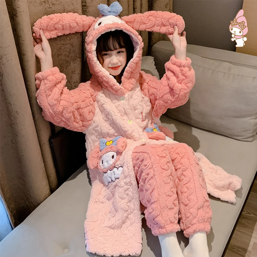 

Kuromi Kawaii детские плюшевые пижамные штаны с героями мультфильмов Cinnamoroll аниме Sanrio, зимняя теплая утепленная домашняя одежда с капюшоном для девочек-подростков, подарок