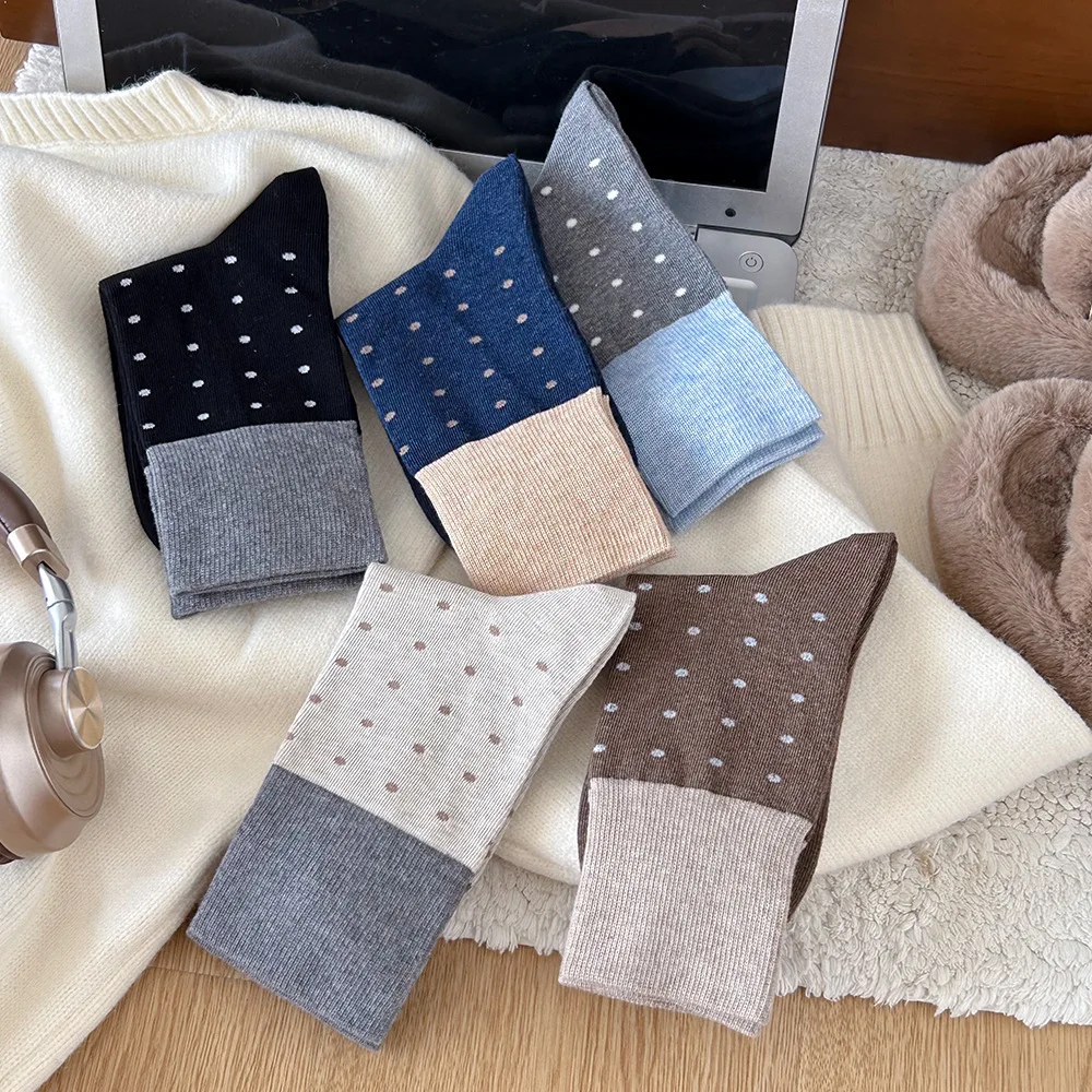 5 Pairs Gray Dot Socks for Women Mid-Calf Length Cotton Japanese Style Grip Socks Fall Winter Women's Socks Set High Quality