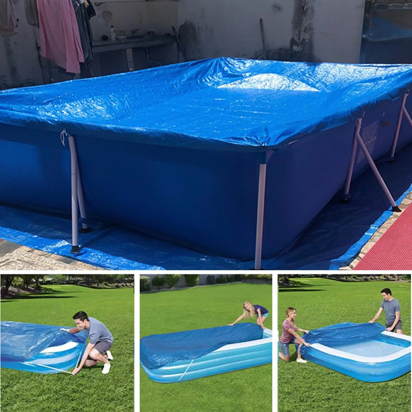 Ground Pool Covers Rectangular UV-Resistant PE Inflatable Pool Cover Foldable Swimming Pool Dust Proof Windproof Pool Blanket