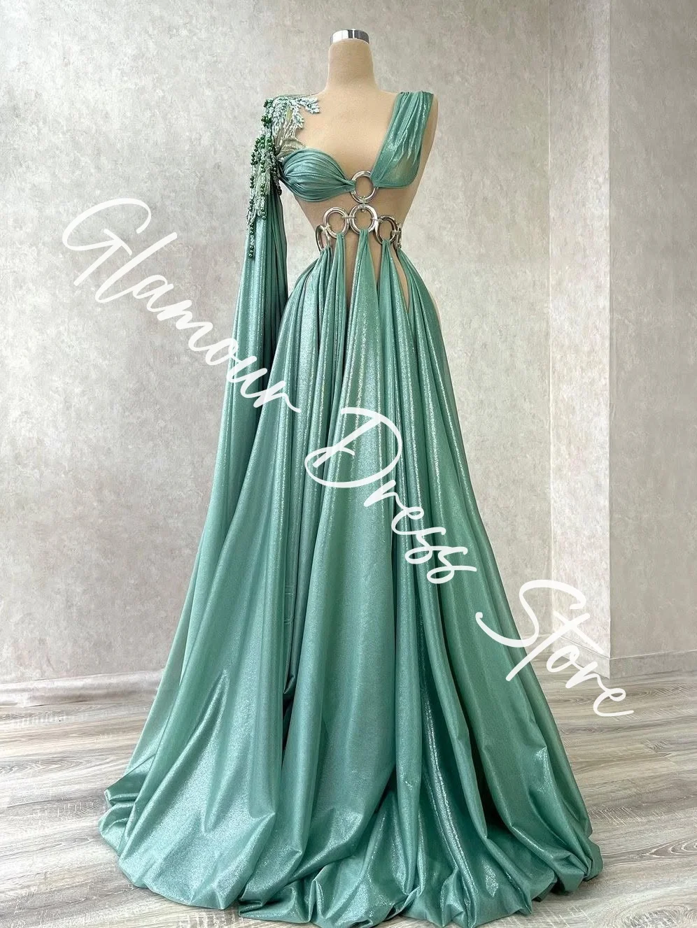 Customized Exquisite Satin A-Line Cap Sleeve Beading Evening Dresses Crew Neck Sleeveless Watteau Train Homecoming Dre