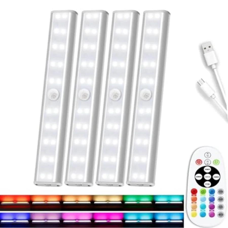 Under Cabinet Light Wireless with Remote, 15 Color RGB Magnetic Led Light Bar, 48-LED Rechargeable Closet Lights, 3 Timer and 4