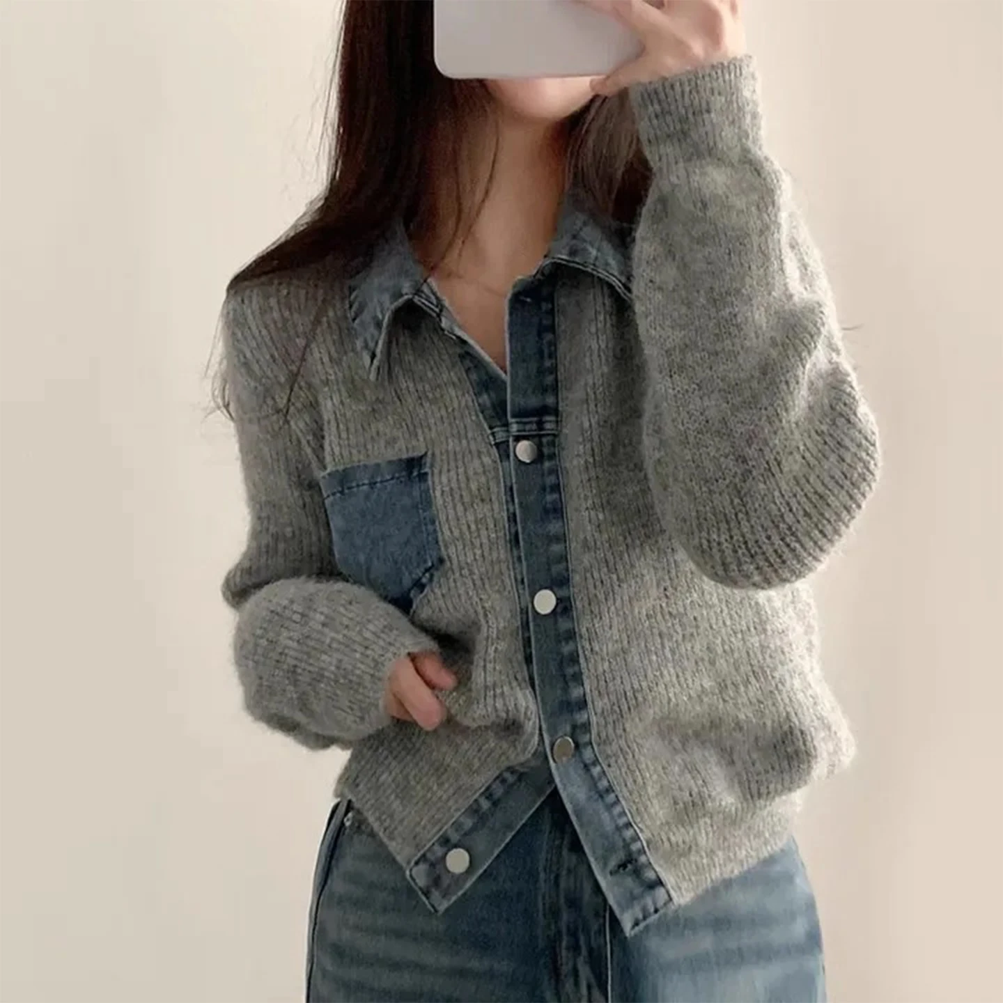 

Gagarich нишевый дизайн сращенный джинсовый свитер куртка женская зима 2025 новый стиль темпераментный теплый вязаный кардиган топ