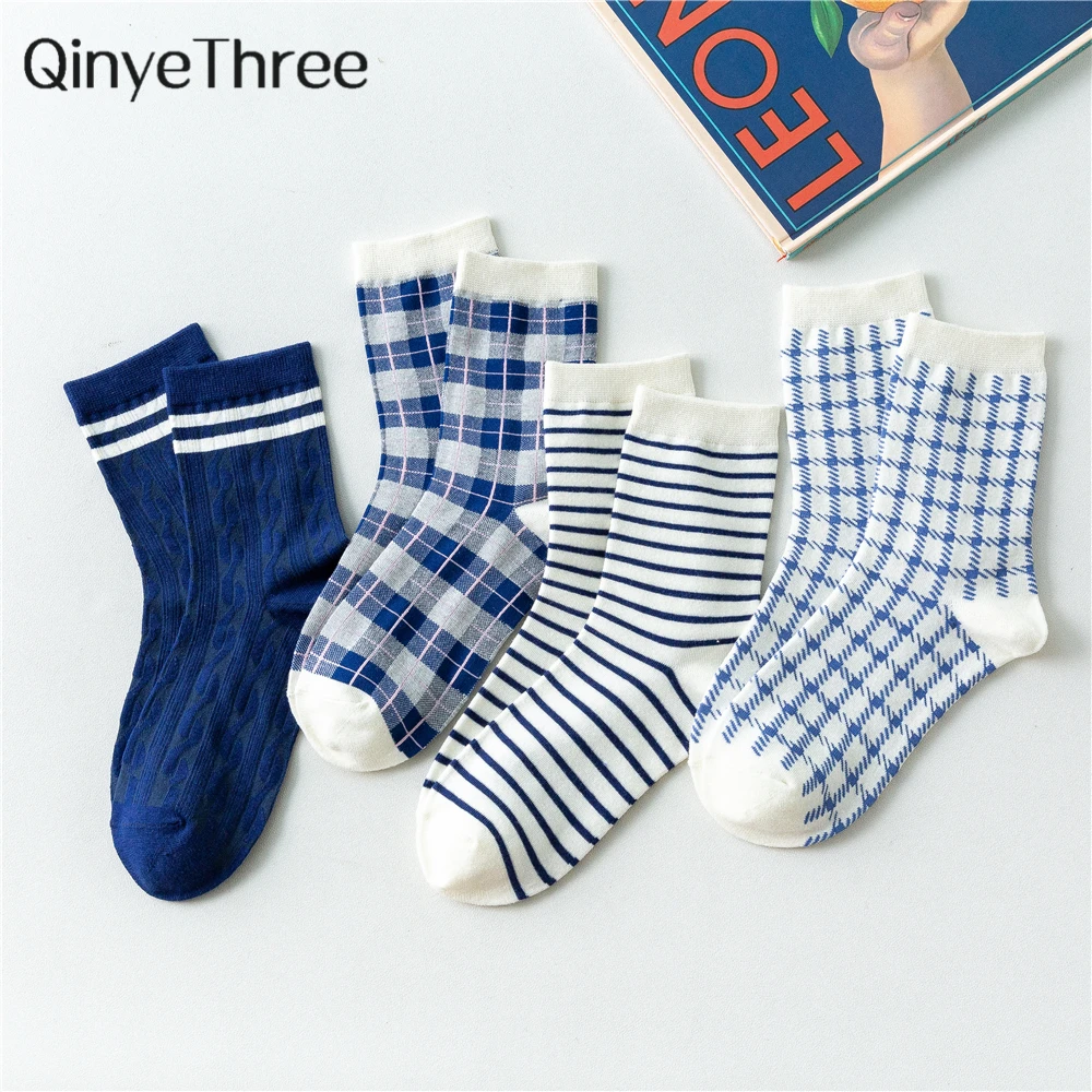 England Style Autumn Spring Navy Cotton Sokken Vintage Striped Plaid Prairie Lattice Chic Preppy Mid Tube Socks Dropship