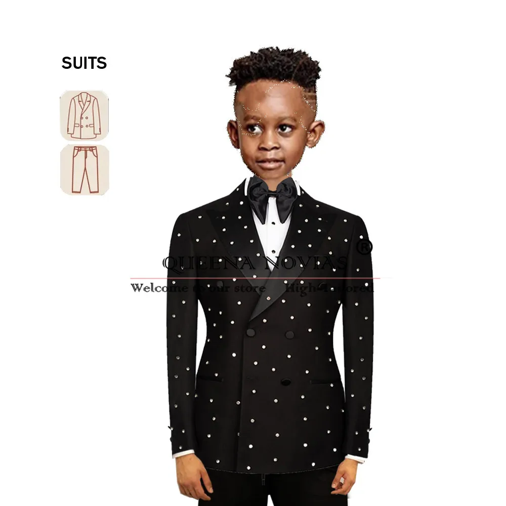 

Luxury Crystals Beaded Boy Sutis For Wedding Double Breasted Jacket Pants 2 Pieces Kids Clothing Costume Enfant Garçon Mariage