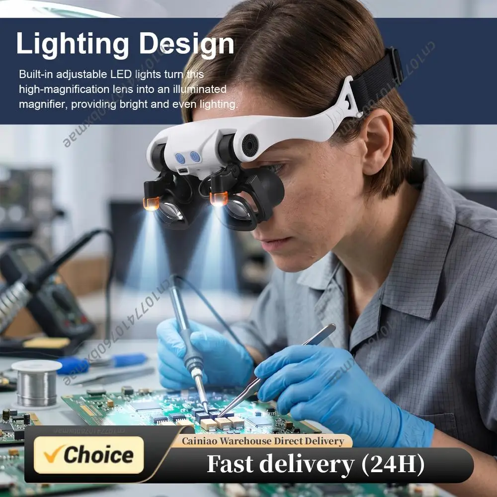 

Headband Magnifier with LED Light with 10 Interchangeable Lenses 2X 4X 6X 10X 13X for Jewelry Soldering Craft Electronics Repair
