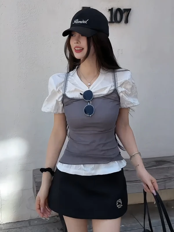 

Korean Style Bubble Sleeve Short Sleeve T-Shirt Strap Two-Piece Set Women Summer Fashion Age-Defying Versatile Top And Skirt