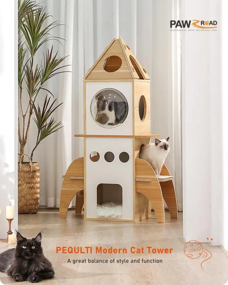 

ern Cat Tree Rocket Shape,54" Wood Cat Tower Multilevel for I, Cat Furniture with 3 Condos, Dangling Balls, Attic Perch