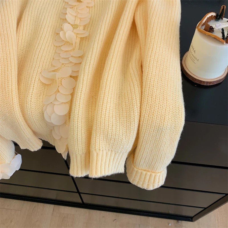 Yellow Sequin Knitted Cardigans Women Spring Autumn New O-Neck Single Breasted Warm Sweater Coat Gentle Elegant Female Tops