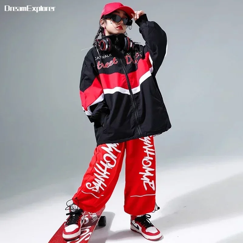 Kids Hip Hop Contrast Coat Joggers Pants Boys Street Dance Jacket Outfits Girls Streetwear Sport Uniform Child Jazz Clothes Sets